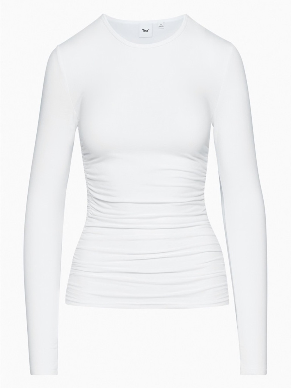 Aritzia TNA Chill White Ruched Long Sleeve Top Size S Fitted Crew Neck